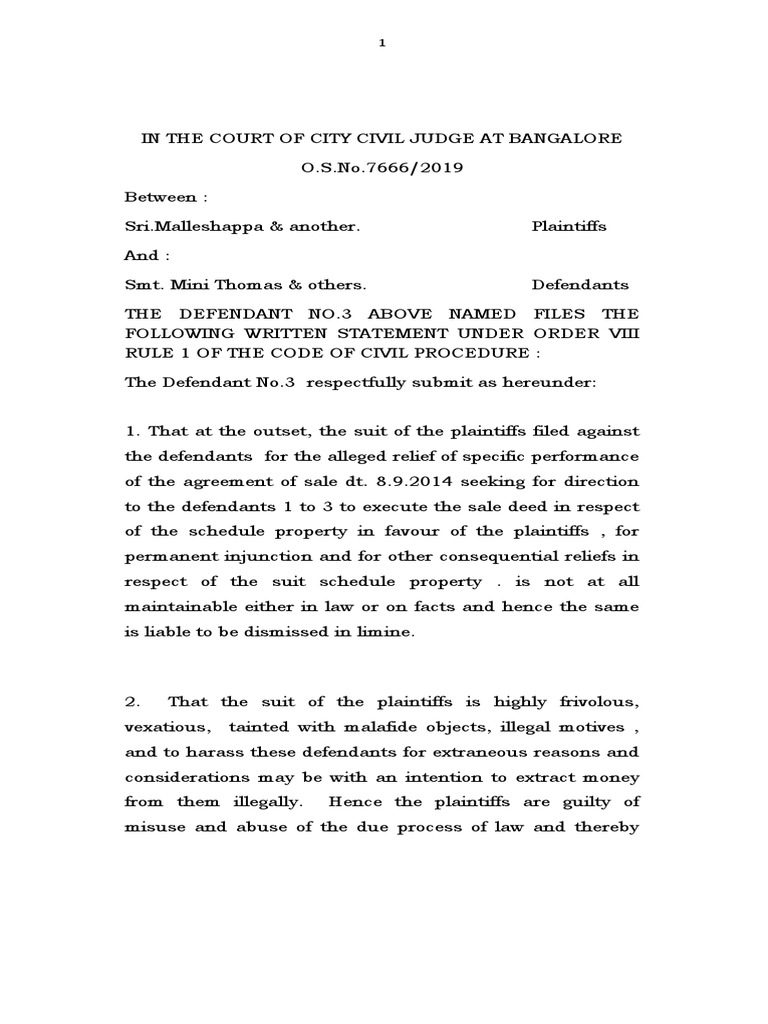 Defendant's Statement in O.S.No.7666/2019 | PDF | Lawsuit | Civil Law ...