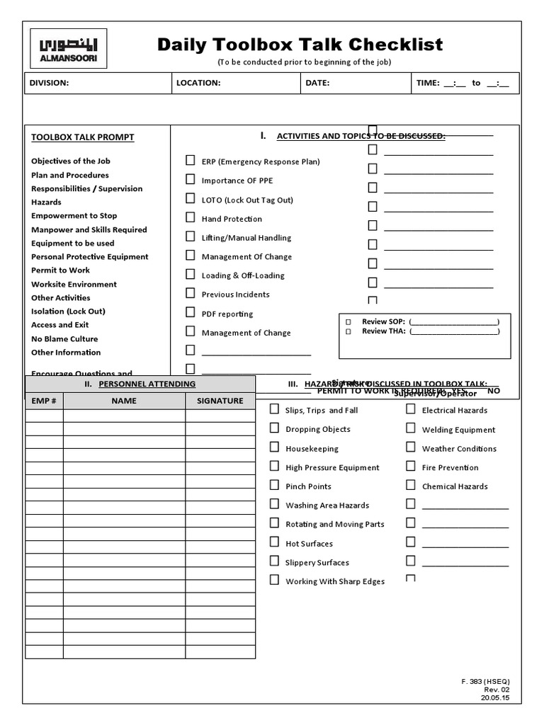 F.383 Daily Toolbox Talk Checklist (Rev. 02 20.05.15) PDF Personal