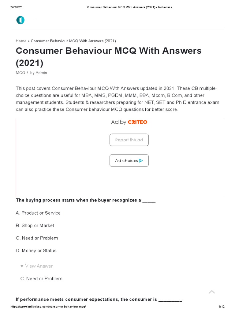 Consumer Behaviour MCQs with Answers | PDF | Consumer Behaviour ...