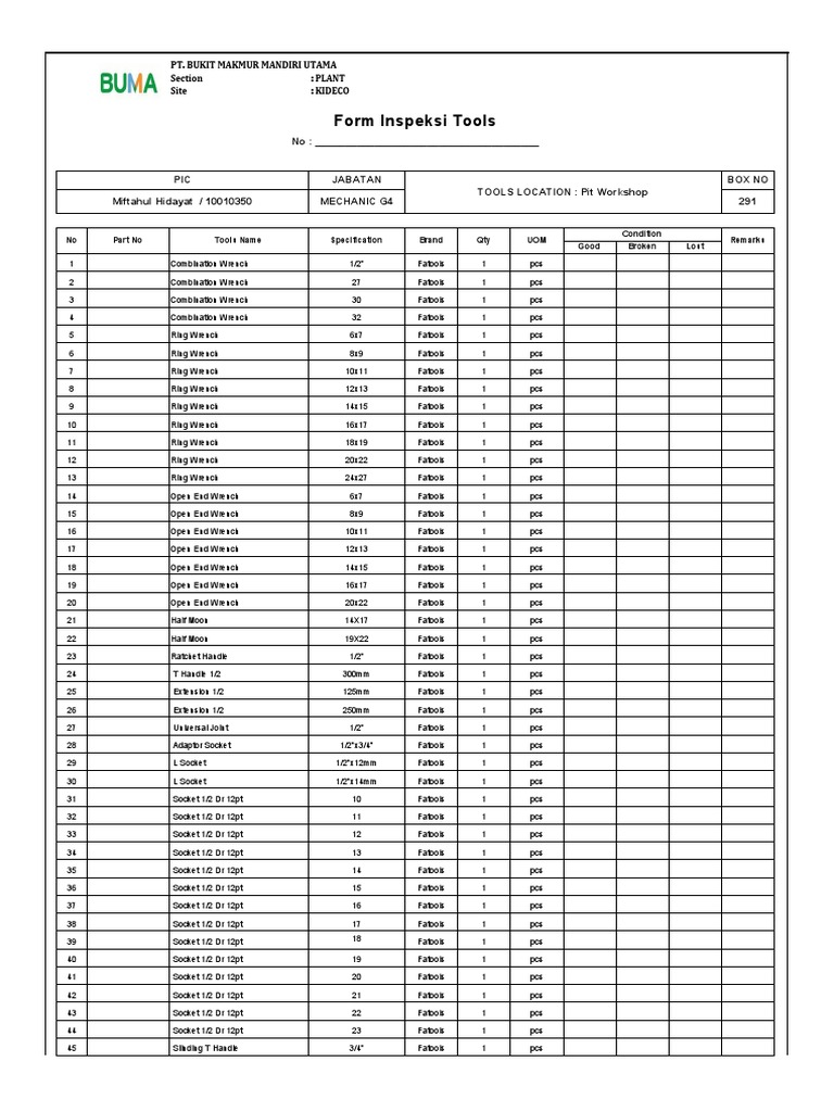 Form Inspeksi Tools: Pt. Bukit Makmur Mandiri Utama Section: Plant Site ...