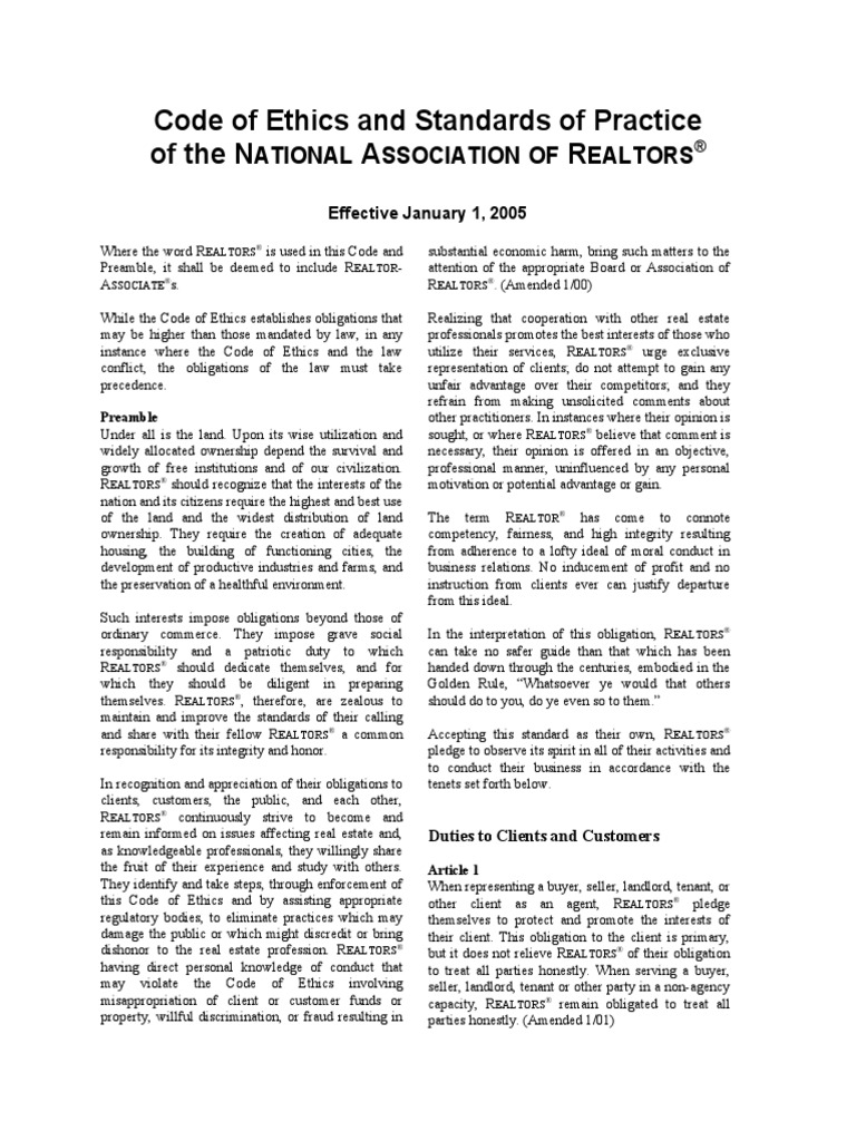 Code of Ethics and Standards of Practice | PDF | Real Estate Broker ...