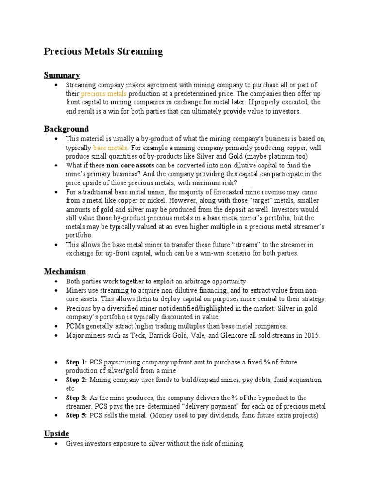 An Overview of Precious Metals Streaming and its Potential Benefits for