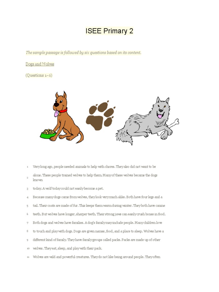 ISEE Primary 2: The Sample Passage Is Followed by Six Questions Based ...