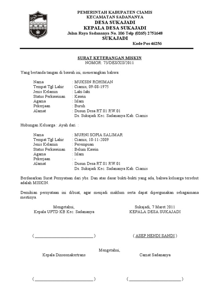 Surat Keterangan Miskin | PDF