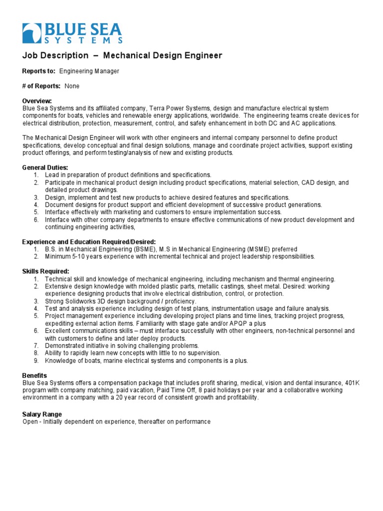 Job Description - Mechanical Design Engineer: Reports To: Engineering ...