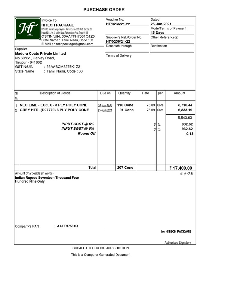 Purchase Order No.60861, Harvey Road, Tirupur 641602 Gstin/Uin