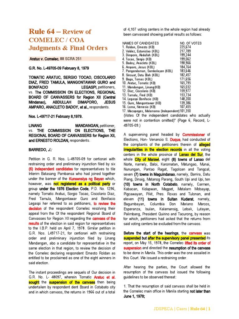 Rule 64: Review of Comelec Decisions | PDF | Certiorari | Supreme Court ...