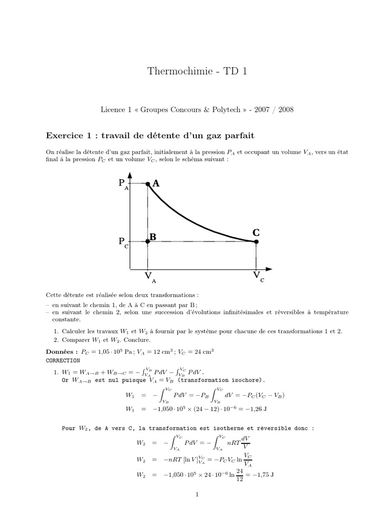 Thermochimie : Travaux et Chaleurs en TD | PDF | Enthalpie de ...