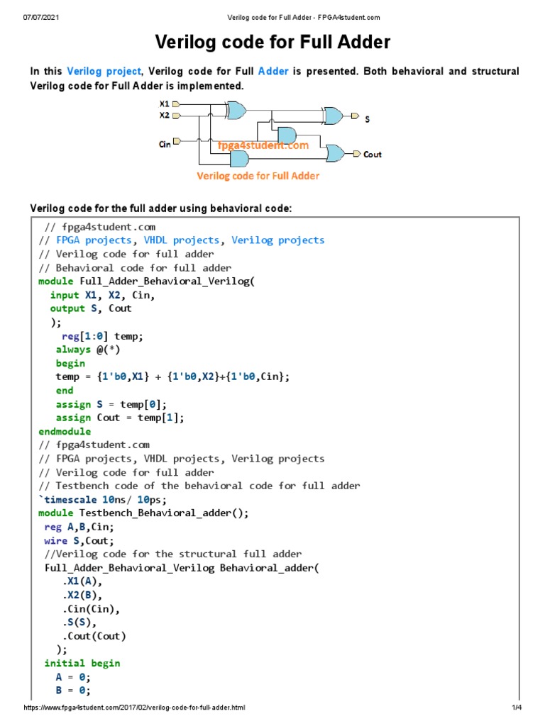 Verilog Code For Full Adder | PDF | Vhdl | Digital Technology