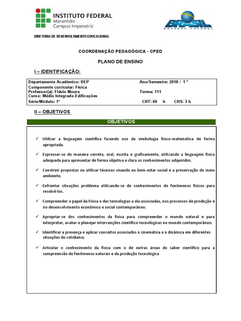 Plano de Ensino de Física para Ensino Médio | PDF | Velocidade | Física