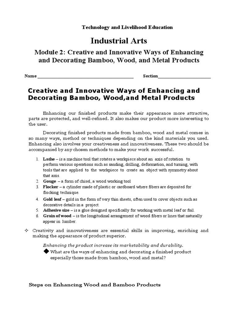Industrial Arts Module 2 Creative and Innovative Ways of Enhancing