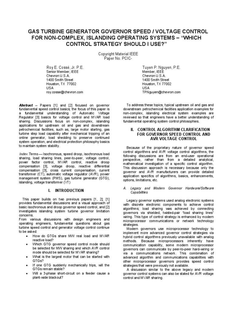 Gas Turbine Generator Governor Speed Voltage Control For Non Complex