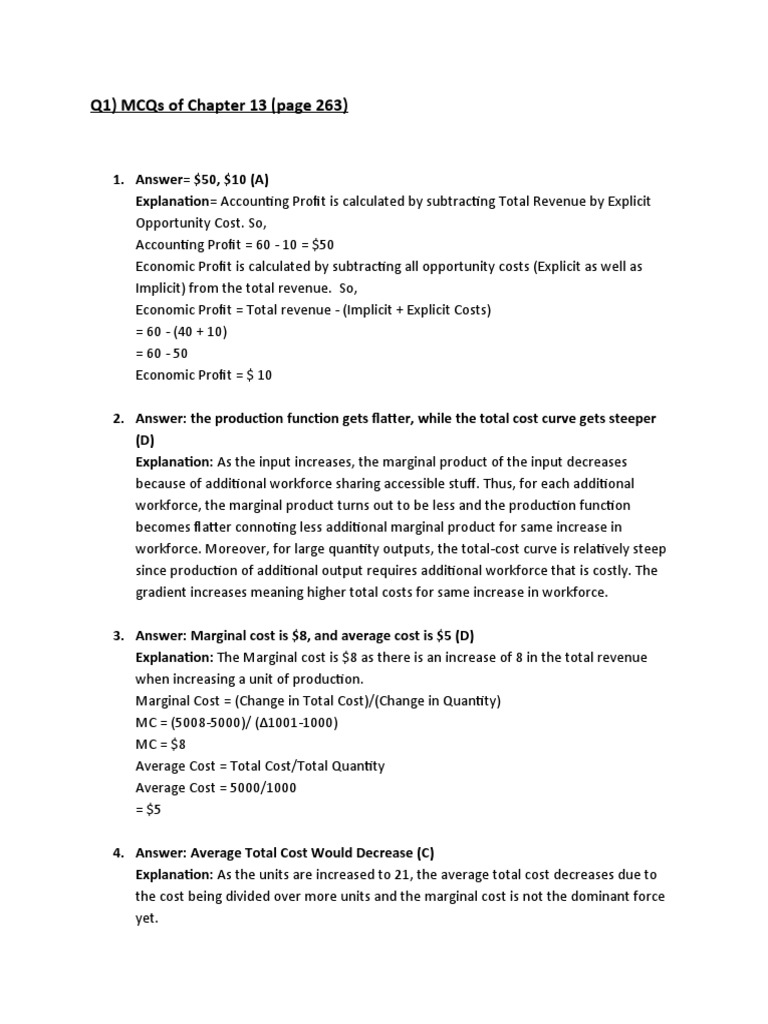 Q1 AND Q4 (MCQS) PDF Marginal Cost Average Cost