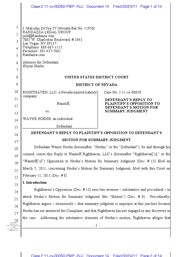 14 Hoehn MSJ Reply PDF Summary Judgment Fair Use