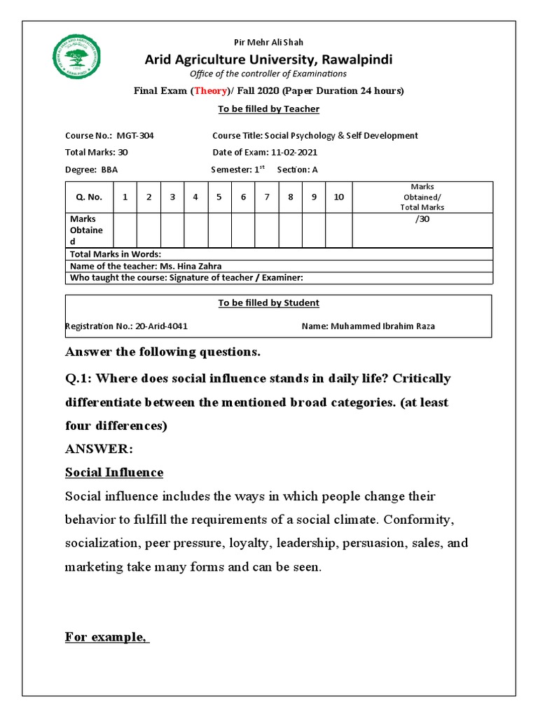 Ibrahim Raza 1 (A) S.P Final Paper | PDF | Classical Conditioning ...