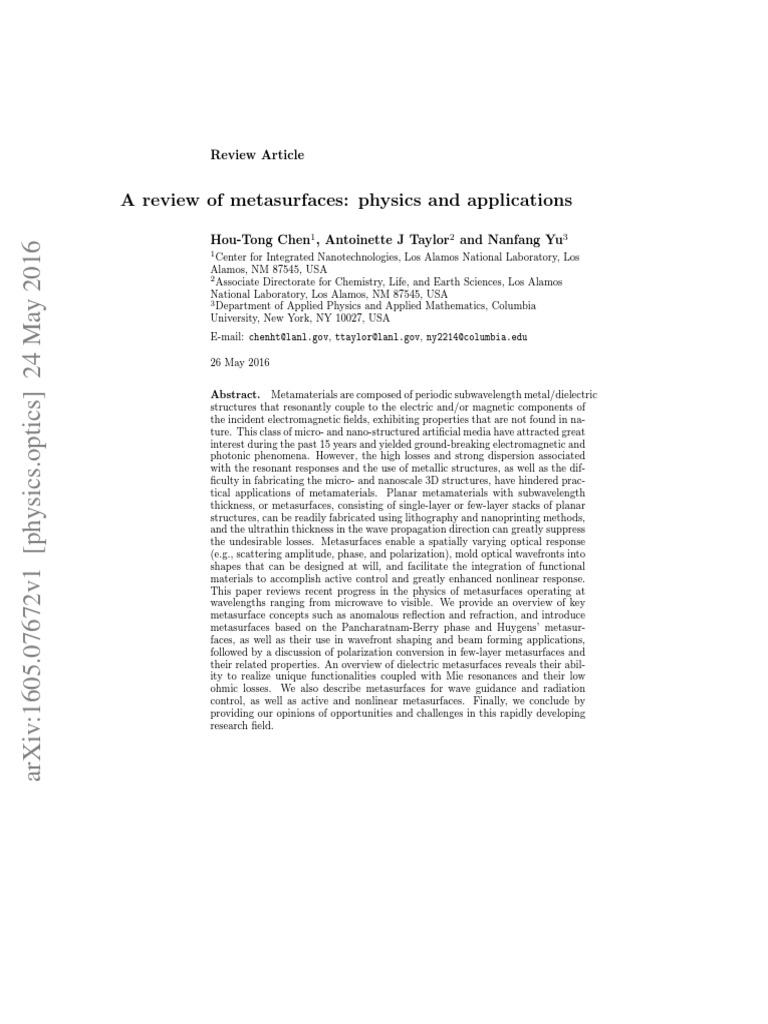 A Review of Metasurfaces: Physics and Applications | PDF | Metamaterial ...
