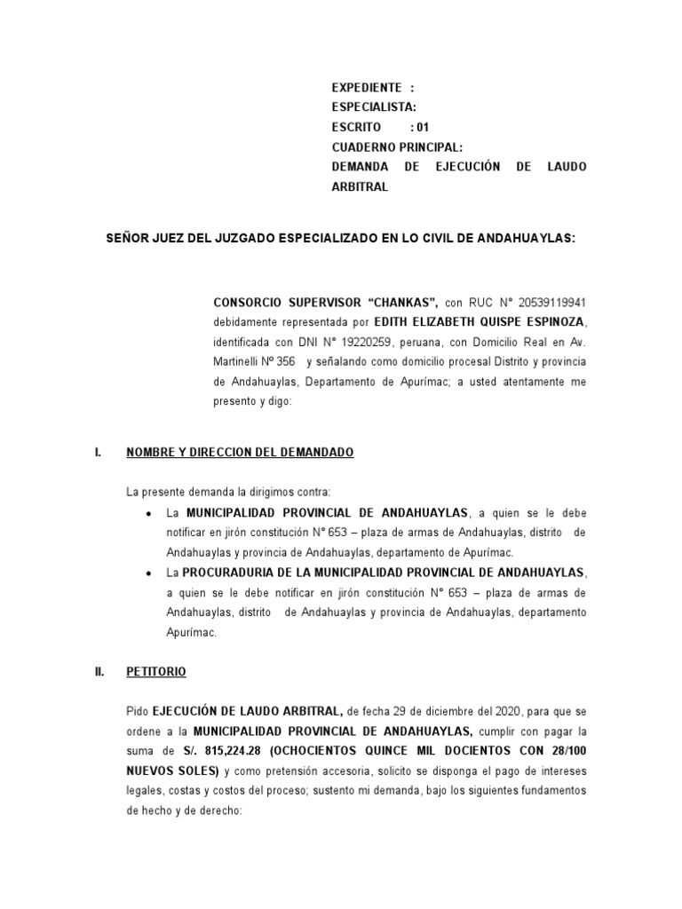 Demanda de Ejecuccion de Laudo Arbitral 1 | PDF | Arbitraje | Ley procesal