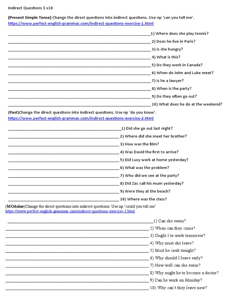 (Present Simple Tense) Change The Direct Questions Into Indirect ...