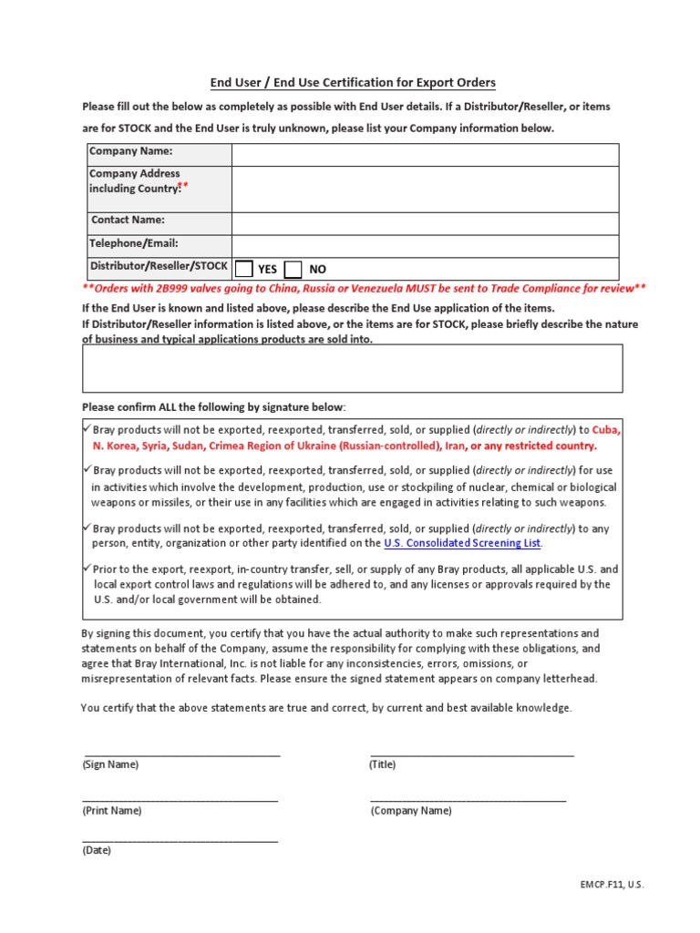 End User Certification for Export Orders | PDF | Government | Business
