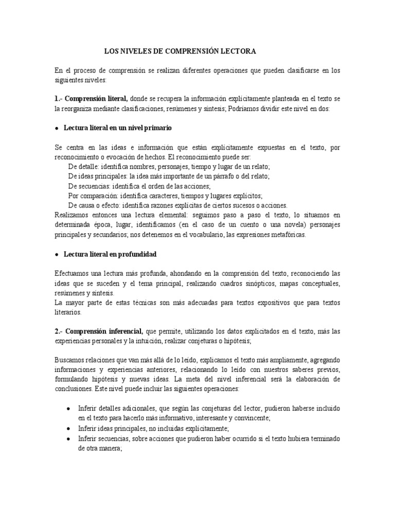 Niveles de Comprensión Lectora | PDF | Comprensión lectora | Inferencia
