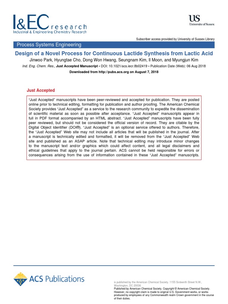 Design of A Novel Process For Continuous Lactide Synthesis From Lactic ...