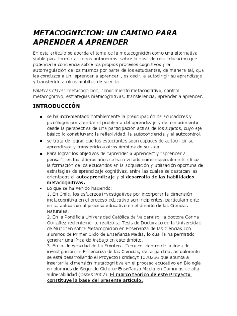 Metacognición: Aprender a Aprender | PDF | Teoria de la mente | Aprendizaje
