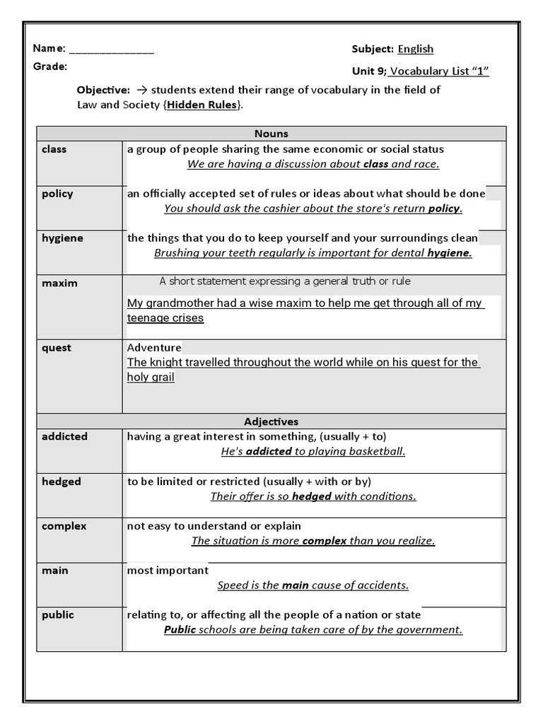 Subject English Unit 9 Vocabulary List "1" Objective Students Extend