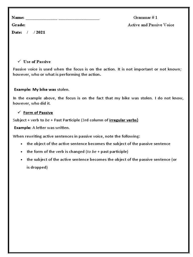 Active and Passive Worksheet | PDF | Verb | Subject (Grammar)