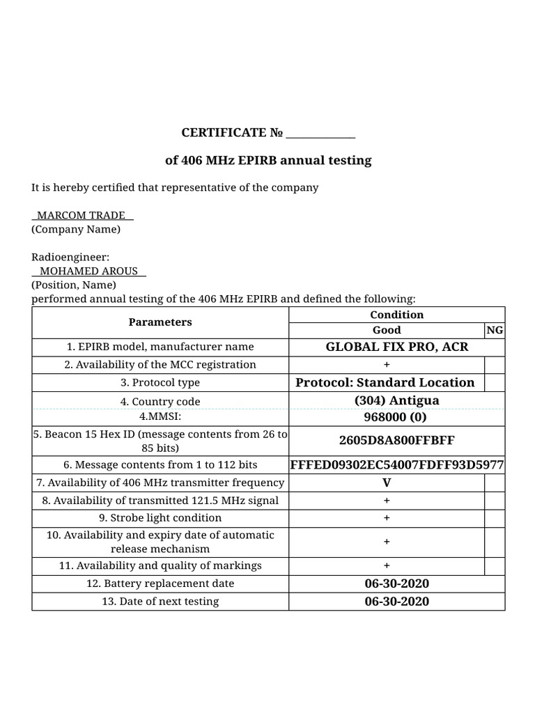 EPIRB Annual Testing Certificate | PDF | Telecommunications ...