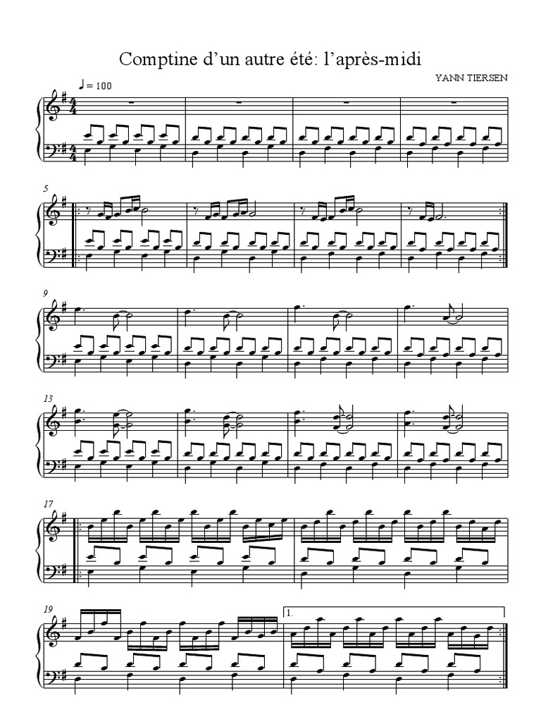 Partition Amelie Poulain Comptine D Un Autre été Pdf Sheet Music - Score - Piano) Yann Tiersen - Amelie Poulain | PDF