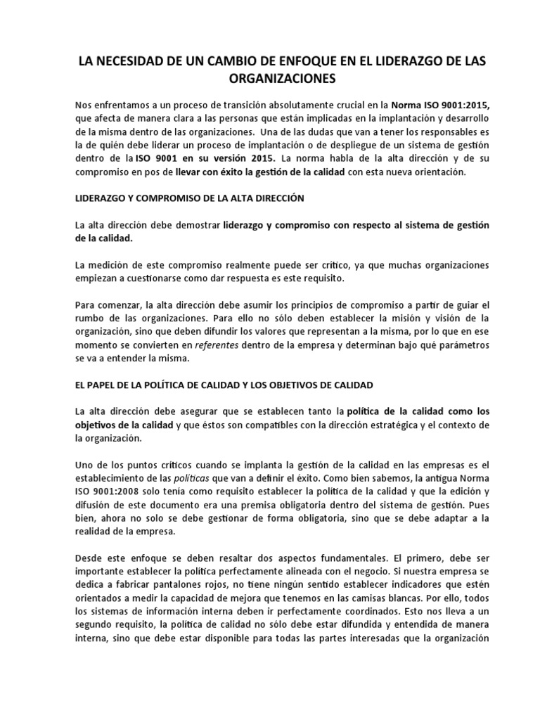 Liderazgo en ISO 9001:2015 y Compromiso | PDF | Gestión de la calidad ...