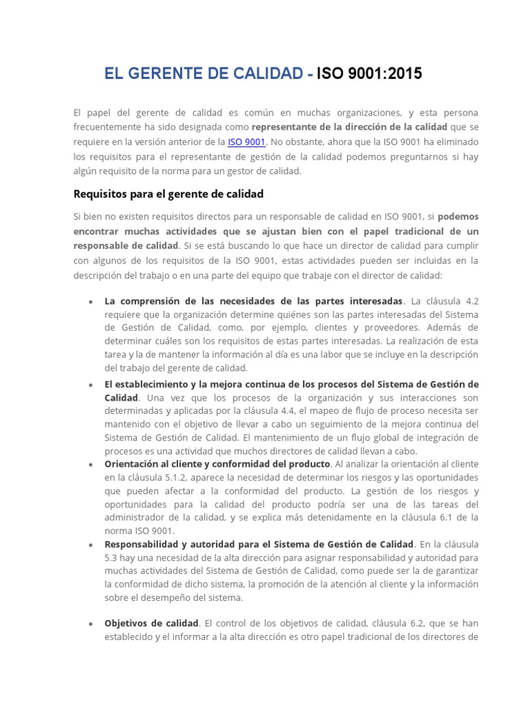 Rol del Gerente de Calidad en ISO 9001 | PDF | Gestión de la calidad ...
