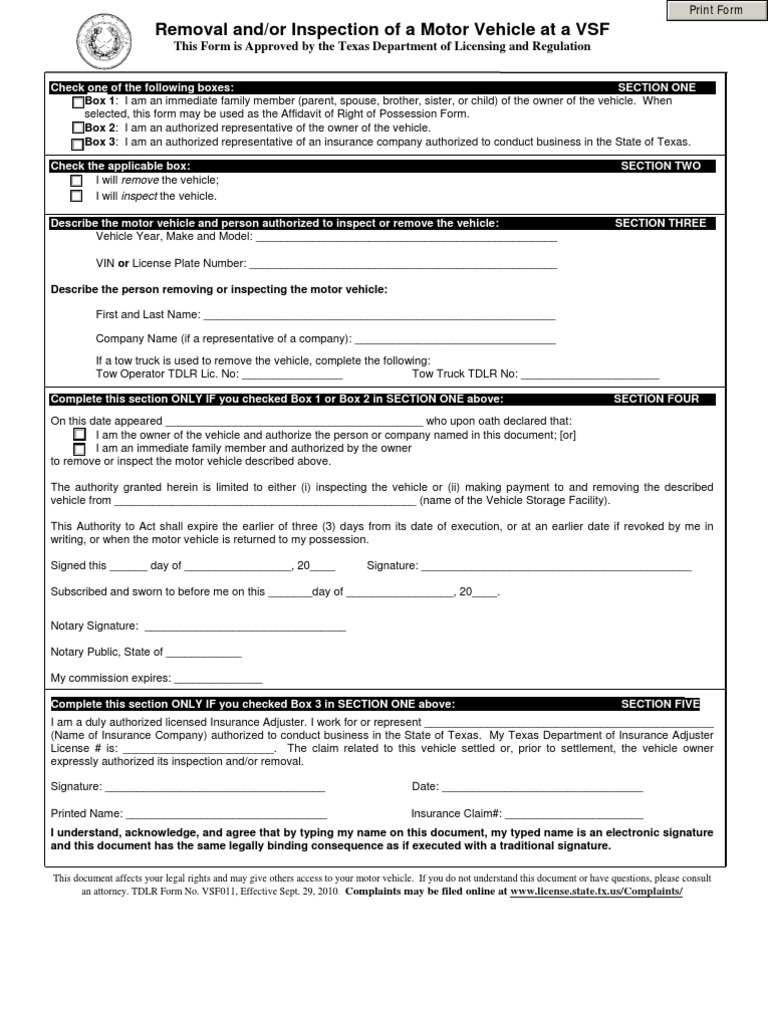 Texas Vehicle Storage Facility Form | PDF