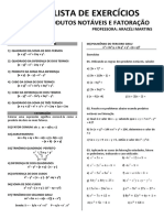 Lista de exercícios de produtos notáveis e fatoração