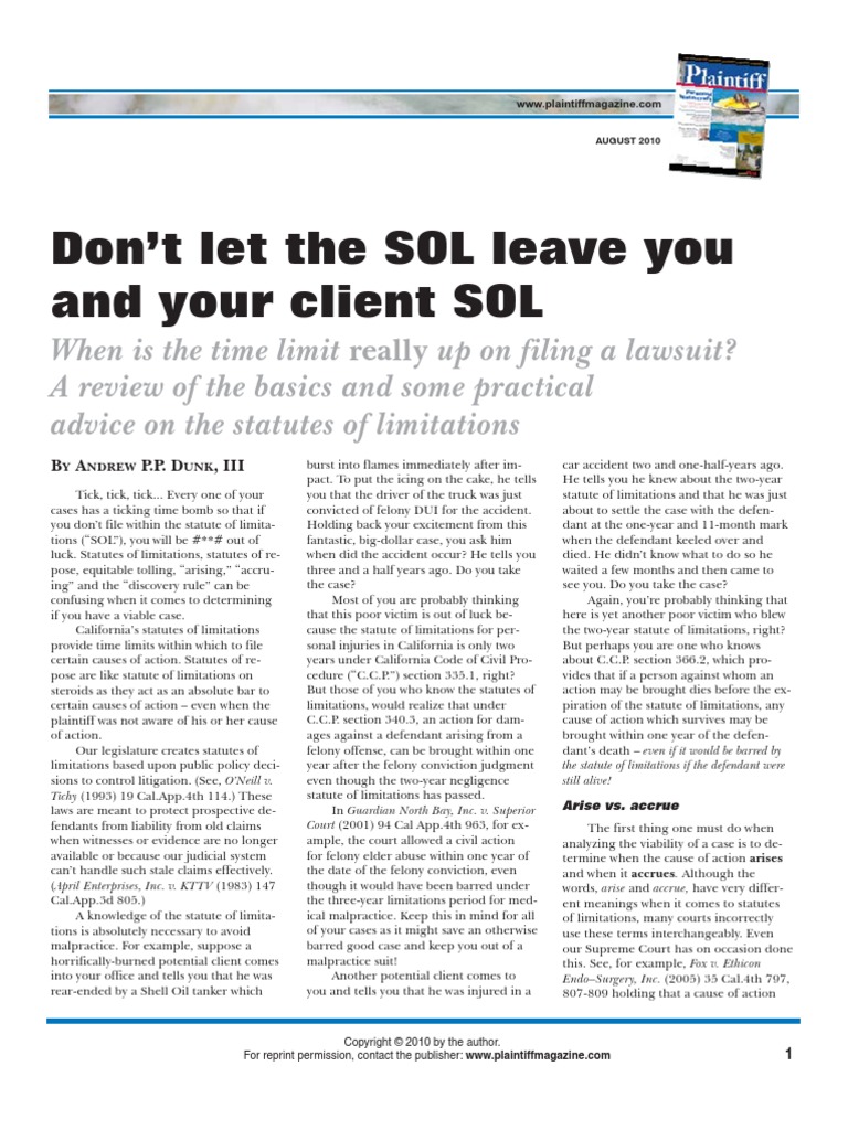 Don't Let The SOL Leave You and Your Client SOL PDF Statute Of