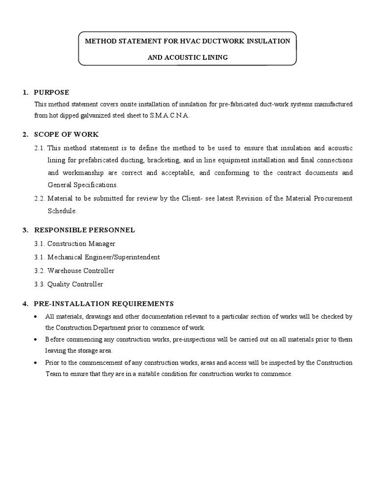 Method Statement For HVAC Ductwork Insulation and Acoustic Lining PDF