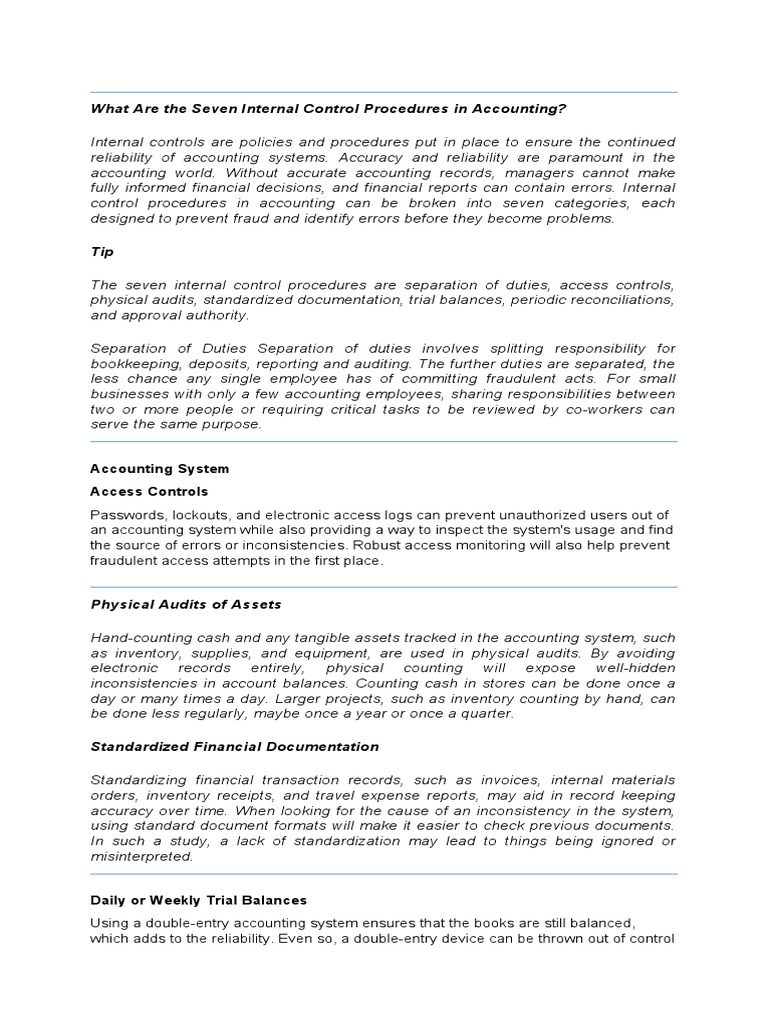 What Are The Seven Internal Control Procedures in Accounting | PDF ...