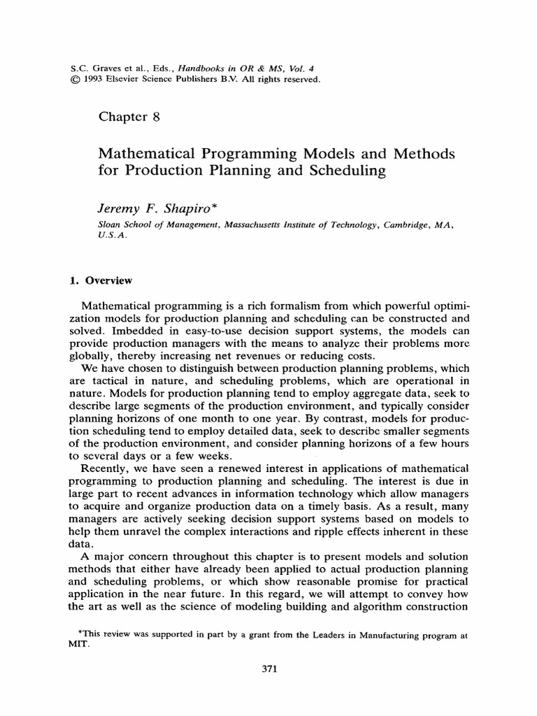 Mathematical Programming Models and Methods For Production Planning and ...