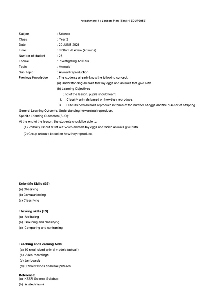 Animal Reproduction Lesson Plan Year 2 | PDF | Reproduction | Lesson Plan
