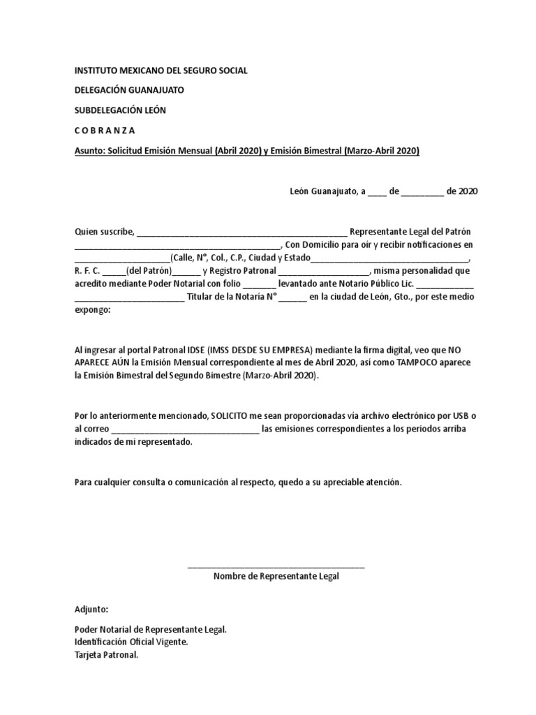 Escrito IMSS Solicitud Emisiones IDSE. | PDF