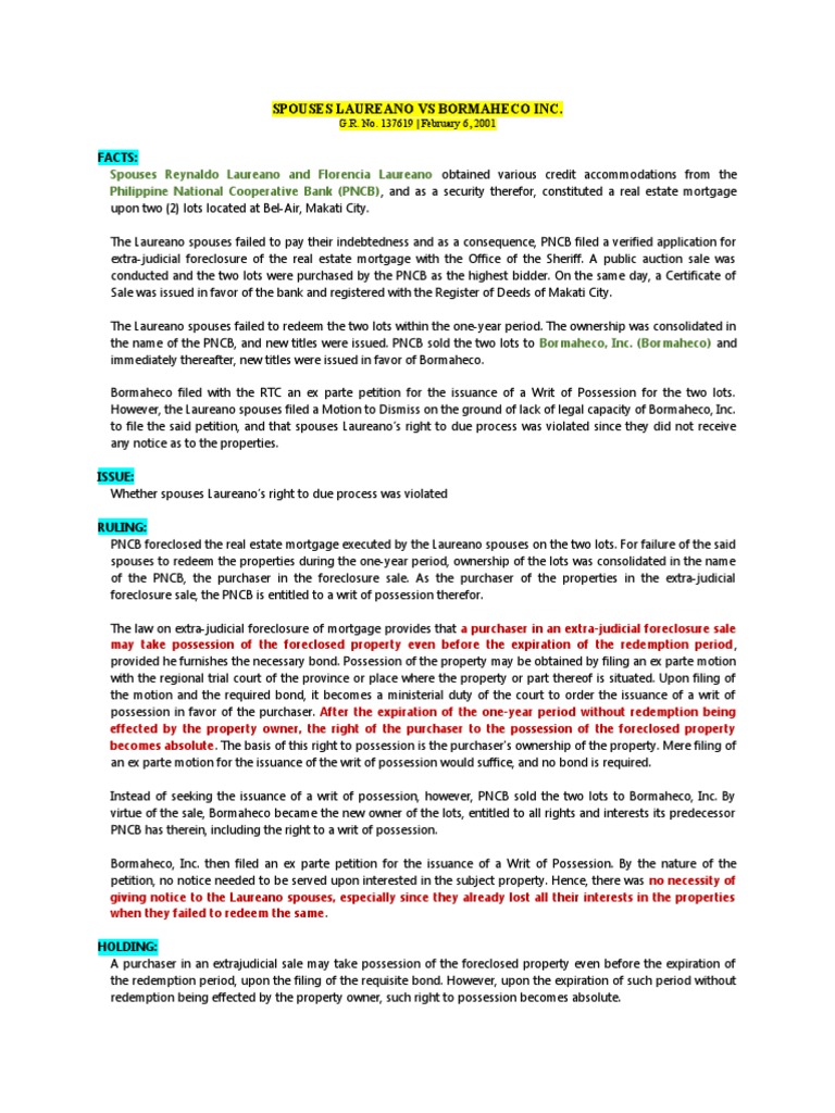 SPOUSES LAUREANO VS BORMAHECO INC. Failure to Redeem Property Within