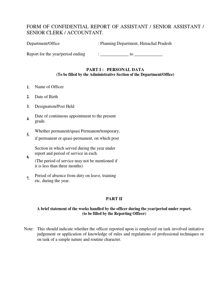 Form of Confidential Report of Assistant / Senior Assistant / Senior ...