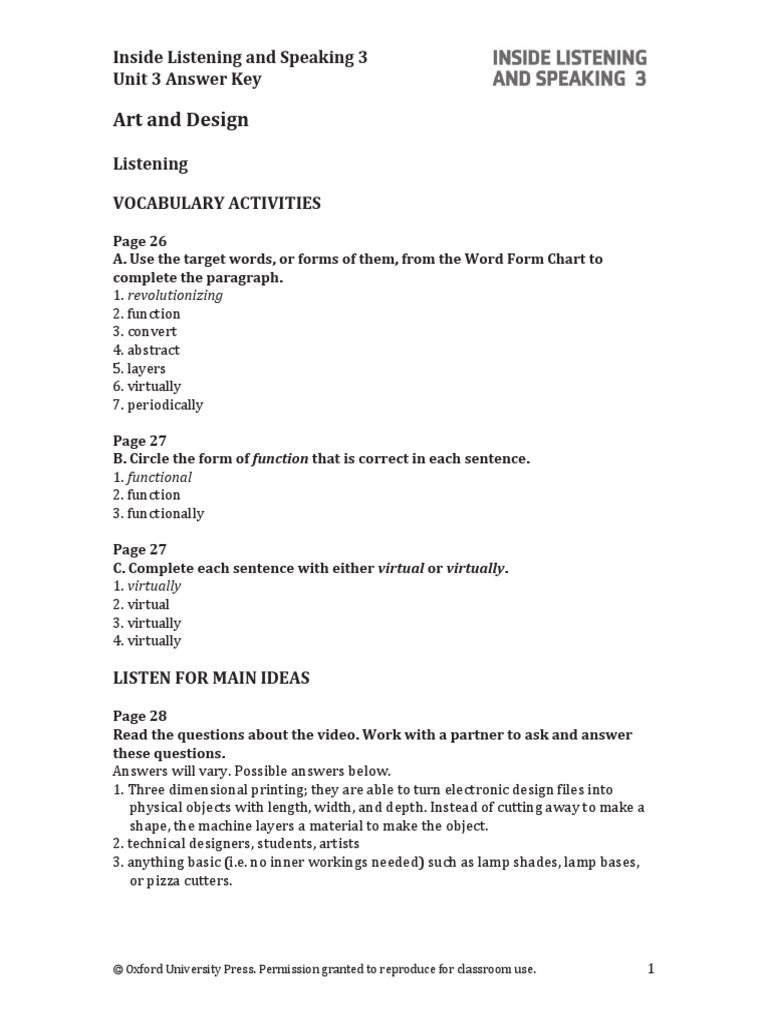 Art and Design: Inside Listening and Speaking 3 Unit 3 Answer Key | PDF ...
