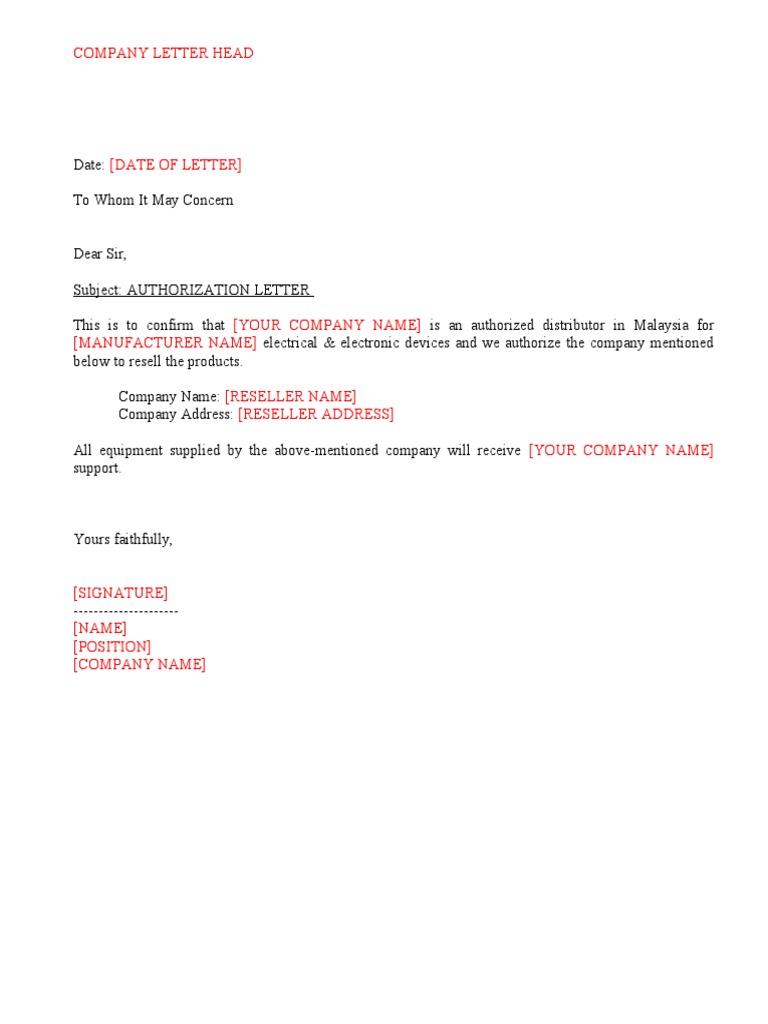 Authorization Letter Reseller Template TYPE1 PDF