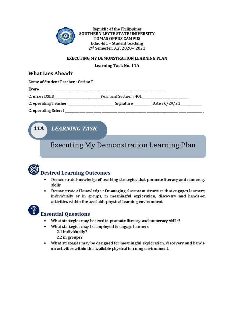 Demonstration Learning Plan for Literacy | PDF | Literacy | Teachers