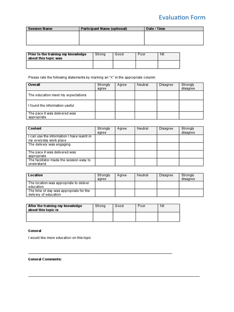 Evaluation Form: Session Name Participant Name (Optional) Date / Time ...