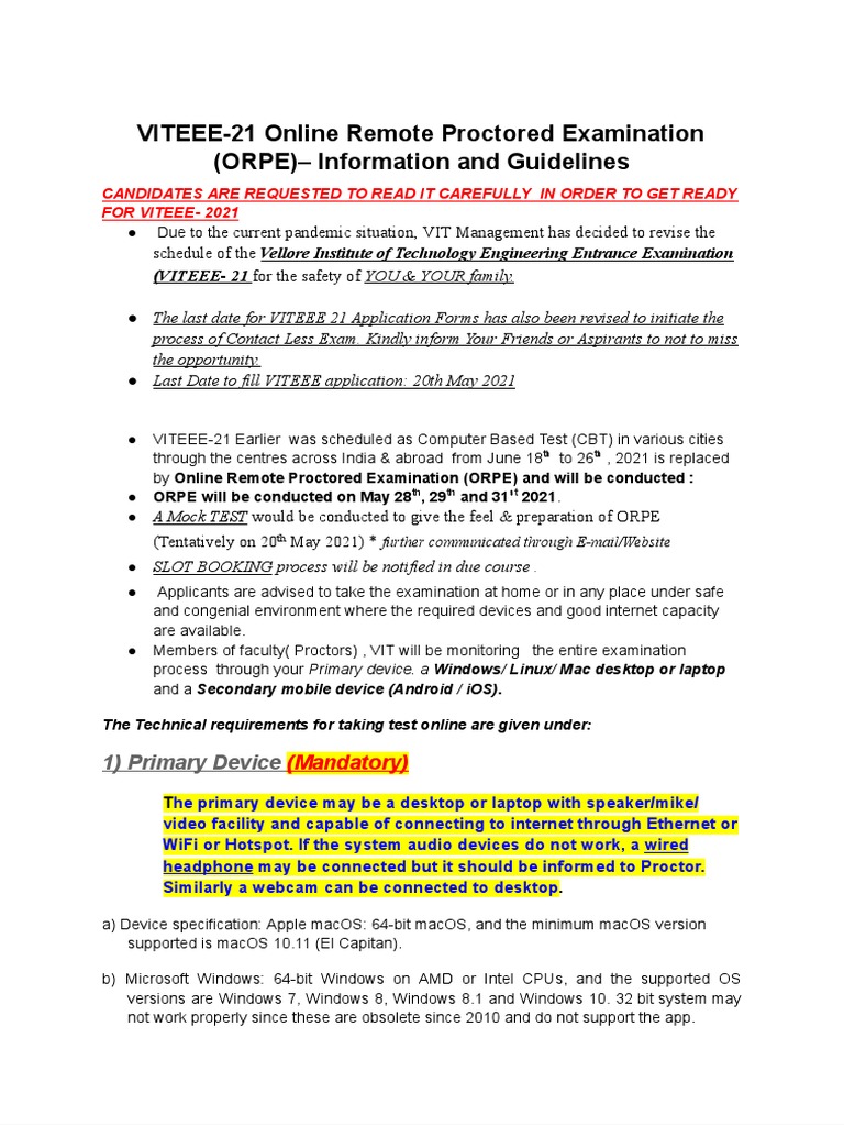 VITEEE-21 Online Exam Guidelines | PDF | Mac Os | Test (Assessment)