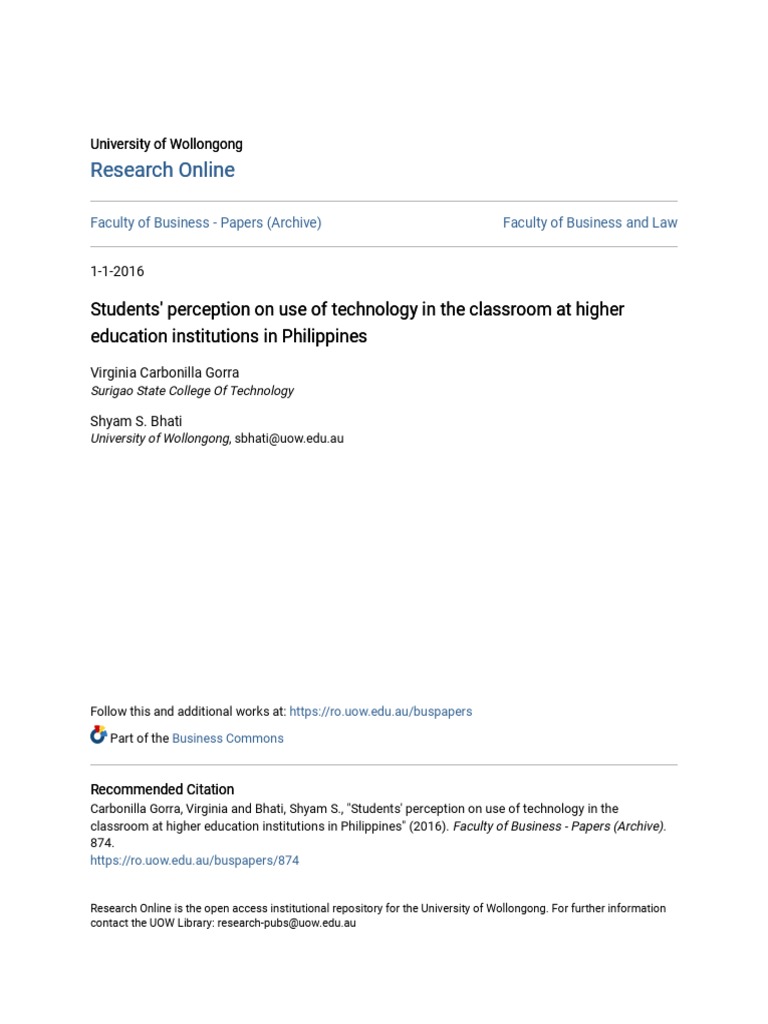 Students Perception On Use of Technology in The Classroom at Hig | PDF ...