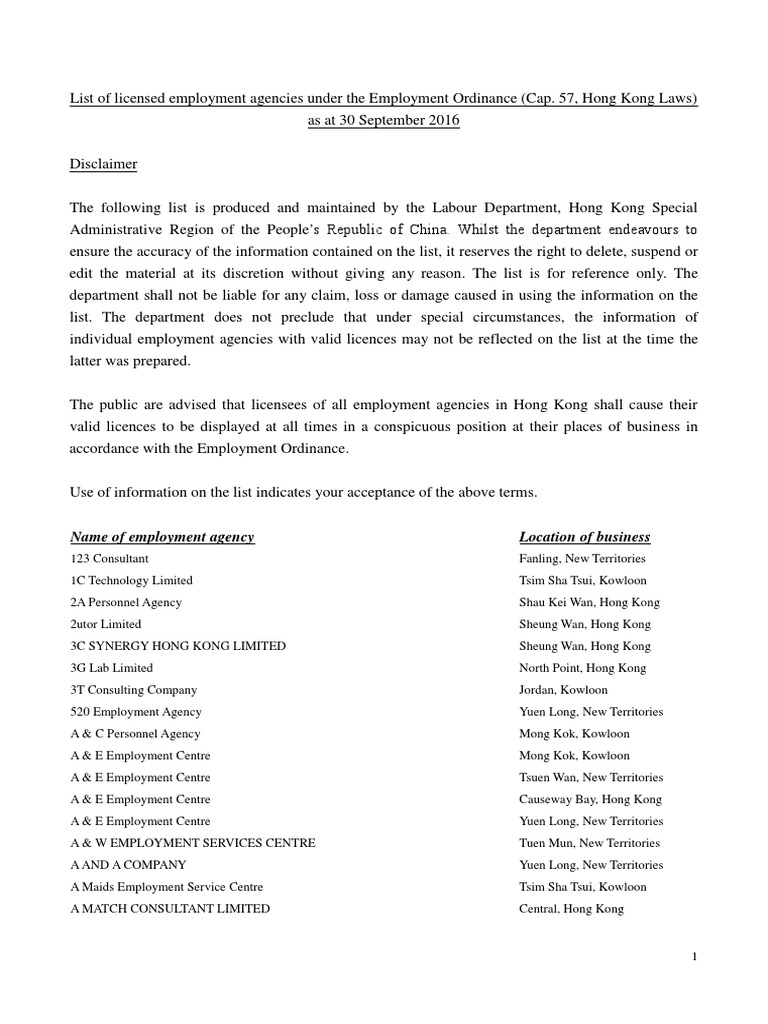 Name of Employment Agency Location of Business | PDF | Hong Kong | Labor